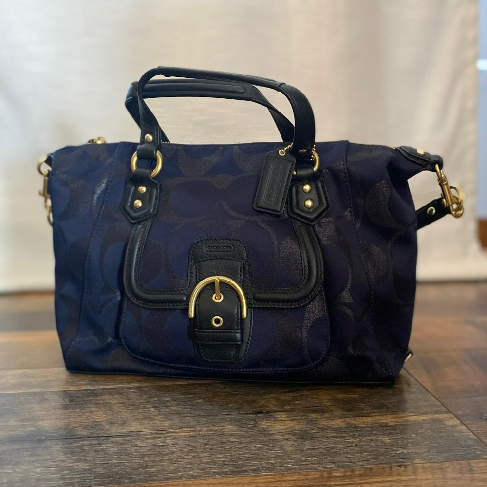 COACH Campbell Signature Metallic Satchel, F26247, Convertible, Navy and black